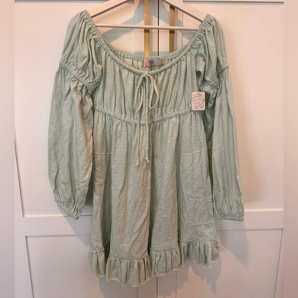Free People Mint Green Off-Shoulder Boho Mini Dress NWT